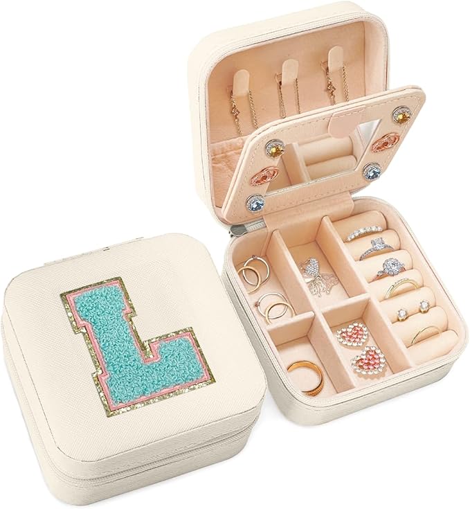 SANDJEST Personalized Jewelry Box, White Travel Jewelry Box with Initial L, Small Monogrammed Jewelry Case Organizer for Girls Women Teen Kids, Mini Travel Essentials Gifts for Birthday Christmas
