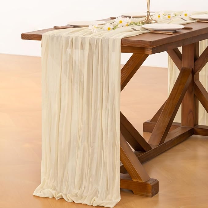 Socomi 10pcs Beige Summer Cheesecloth Table Runner Boho Rustic Gauze 120 inch 10FT Cheese Cloth Sheer Runner for Wedding Party Baby Shower Birthday Home Decor Holiday Decorations