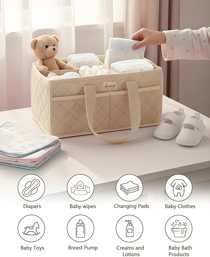 Diaper Caddy Organizer For Changing Table,Dutch Velvet Baby Diaper Caddy With 3 Removable Compartments &4 Side Pockets,Portable Diaper Basket For Car Organizer,Nursery Organizer For Essential Supplies