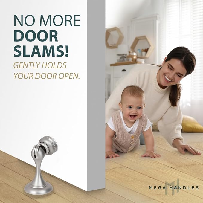 MEGA HANDLES Magnetic Door Stopper, Scratch Free Magnetic Door Catch for Wall, Elegant Magnet Door Stopper for Bottom of The Door - Satin Nickel (1 Pack)