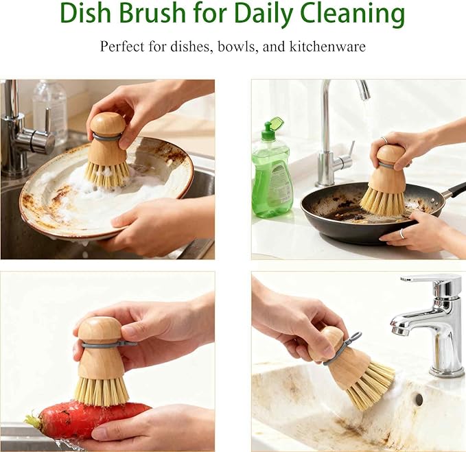 Dish Brush with Hanging Loop — Durable PBT Bristles Brush, Non-Slip Grip Dish Brush, Compact Bamboo Dish Brush, for All Cookware, Stovetops & Sinks • Kitchen Essential (2pcs/Set)