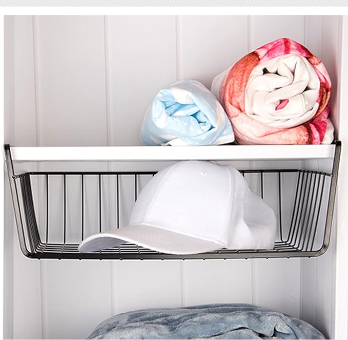 ELEATTRUN Undershelf Storage Basket Under Shelf Wire Basket Household Metal Under Shelf Hanging Storage Bin Basket Slides Under Shelves for Storage Space Saving for Kitchen Pantry Bookshelf 4 PCS