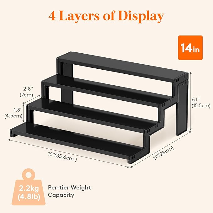 Lifewit 14 Inch Cupcake Stand, 4 Tier Plastic Perfume Cologne Organizer,Display Riser Shelf for Makeup, Cosmetic Vanity Storage, Figurine Holder, Bathroom, Bedroom, Room Decor, Black, 2 Pcs