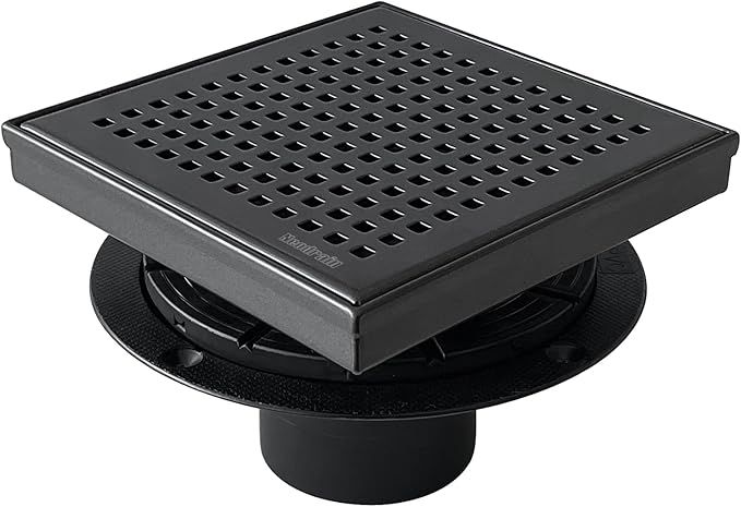 Neodrain 6-Inch Black Shower Drain, Square Drains with Removable Quadrato Pattern Cover, 304 Stainless Steel, Shower Drain Kits with PVC Base&Hair Catcher Strainer, Shiny Black