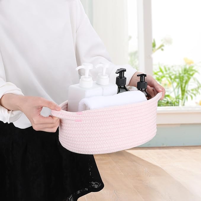 Small Woven Basket Cute Oval Cotton Rope Gifts Basket with Handle Empty Baby Wicker Storage Basket nursery Box Bin kids organizer Cat Dog toy basket Easter Basket light pink