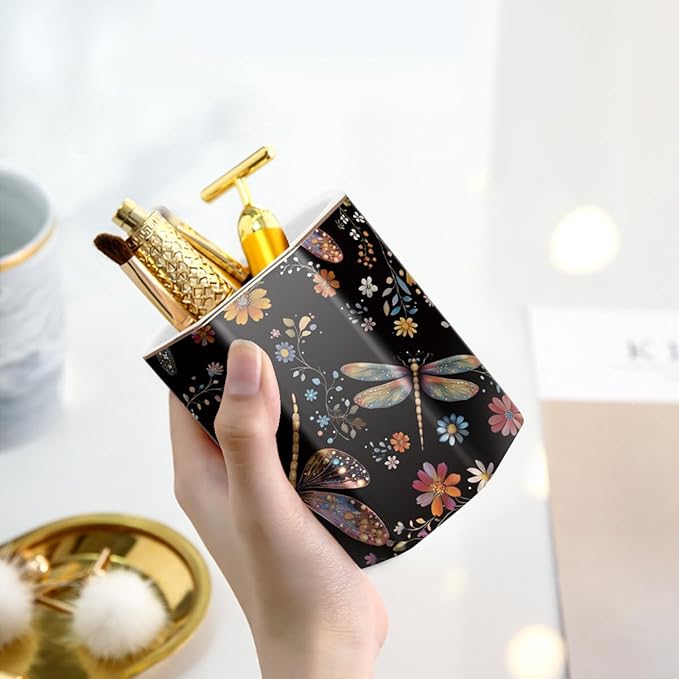 WAVEYU Pen Holder, Pencil Cup for Desk, Cute Desk Organizer, Durable Ceramic Decorative Makeup Brush Desktop Accessories, Stylish Stationery for Office, Home, Cute Dragonfly Pattern