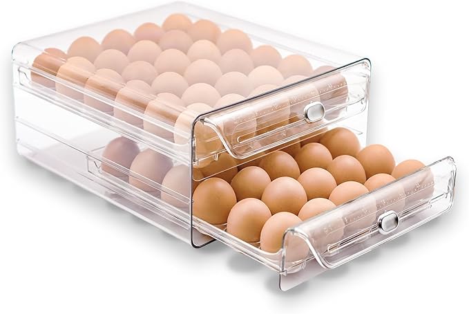 MFBJXC Egg Holder for Refrigerator, 60 Eggs Clear Drawer Organizer, 2-Layer Stackable Egg Holder Egg Trays, Egg Storage Container with Time Scale for Fridge Countertop Cabinet