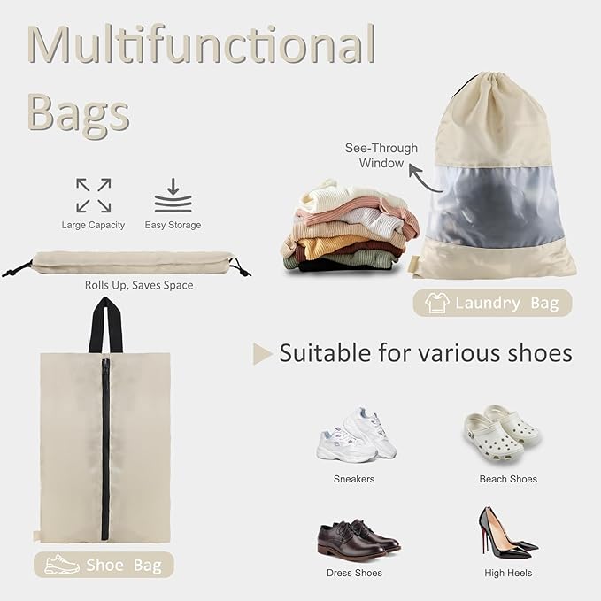 U+U 5 Set Packing Cubes for Travel Essentials Ultralight Luggage Packing Organizers with Laundry Bag and Shoe Bag for Vacation, Business Trip and Camping (Cream)