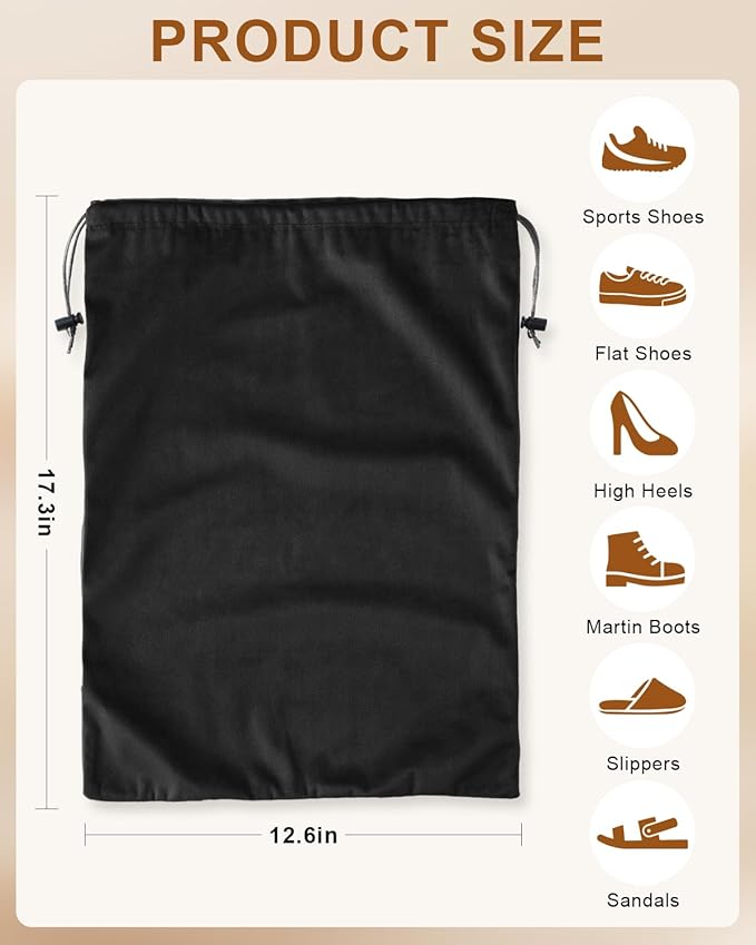 FantasyLife Shoe Bags for Travel, Washable Dust Bags for Storage & Packing, Flannel Shoe Pouch with Drawstring Closure for Purses, Handbags, Shoes & Toys (2, Black Beauty)