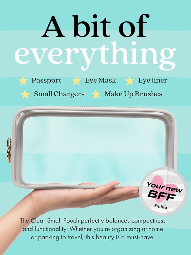 Clear Makeup Bag Zipper Pouch, Transparent Cosmetic Case Organizer, TSA Approved Travel Toiletry Case, Travel Accessories Essentials Makeup Tote for Women, Small Cute Make up Bag for Purse - White