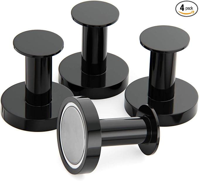 Mavoro Strong Magnetic Hooks for Hanging Coats and Bags. Set of 4 Black Magnet Hooks Heavy Duty Magnets, Neodymium 52 Rare Earth Magnets. Push Pin Style Magnet Hook for Refrigerator, Locker etc