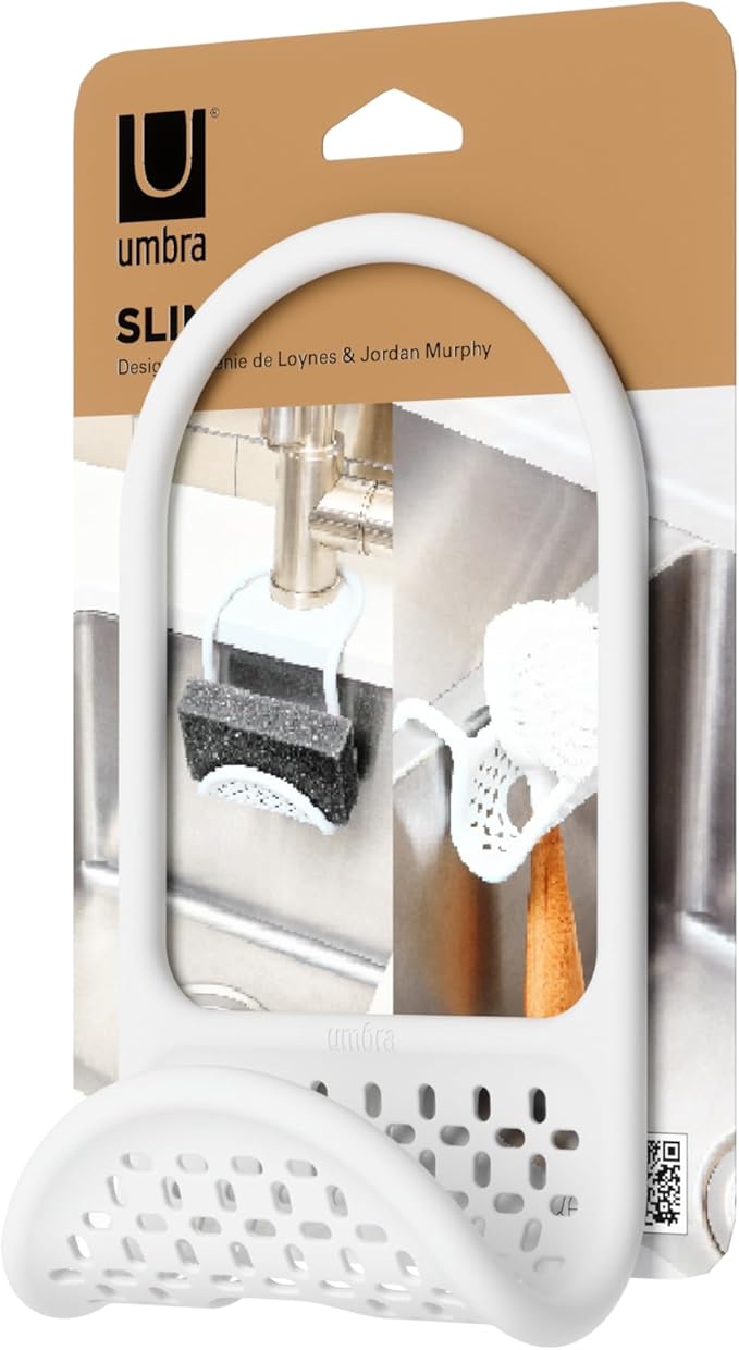 Umbra Sling Kitchen Sink Caddy Sponge Holder, Hangs Over Faucet or Divider, Single, White