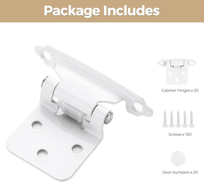 20 Pack 10 Pair White Cabinet Hinges - 1/2 inch Overlay Kitchen Cabinet Hinges, Semi-Concealed Self Closing Hardware with Door Bumper, White Face Mount Hardware
