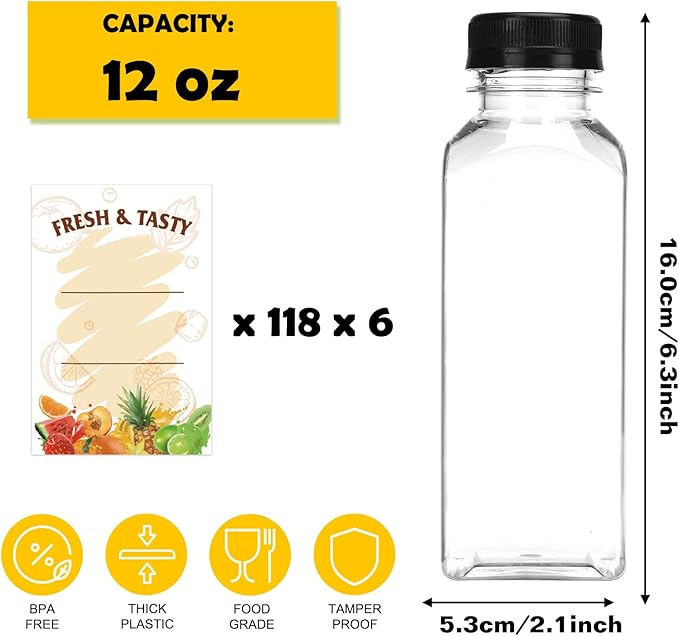 BAKHUK 708pcs 12oz Empty Plastic Juice Bottles with Caps, Plastic Water Bottles with lids, Reusable Clear Bulk Beverage Containers for Juice, Milk and Other Beverages