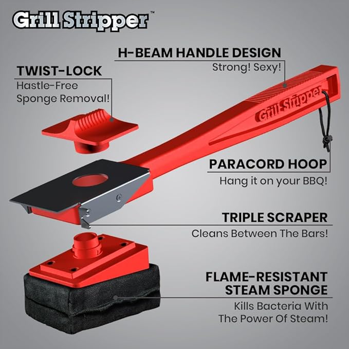 GRILL STRIPPER Bristle Free Grill Brush For Outdoor Grill - Steam Grill Brush Bristle Free with Patent Pending Triple Scraper and Dishwasher Safe Replaceable Fire Resistant Steam Sponge