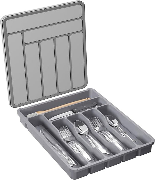 Lifewit Silverware Organizer with Lid, Covered Utensil Tray for Kitchen Drawer and Countertop, Plastic Cutlery and Flatware Storage Box for Spoons Forks Knives Holder Case, 7 Compartments, Gray