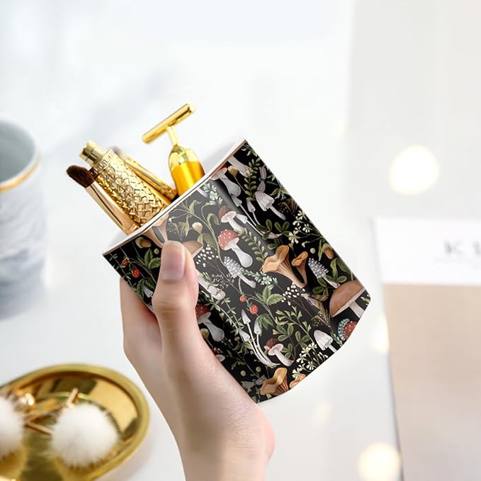 WAVEYU Desk Pen Holder, Ceramic Pencil Cup, Cute Makeup Brush Holder, Desktop Supplies and Accessories for Women Students, Office Home Art Supply Caddy, Mushrooms Pattern