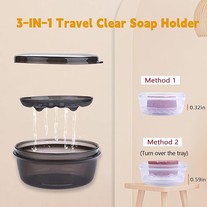 Round Soap Container 2 Pack,Travel Soap Holder with Lid,Soap Box with Drainage Tray,Portable Leakproof Shampoo Bar Case for Travel,Shower,Camp(Transparent White+Transparent Black)