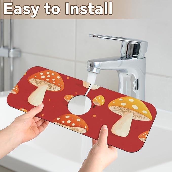 1 PC 15.4*5.7 Inch Absorbent Faucet Mat for Kitchen Sink Diatomaceous Earth Tailored Sink Splash Guard for Bathroom Kitchen Red Mushroom