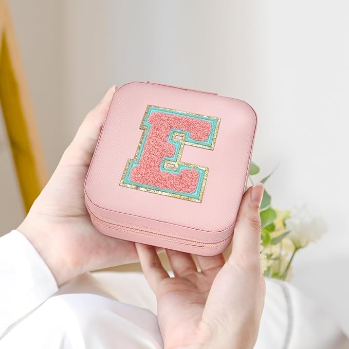 SANDJEST Personalized Jewelry Box, Pink Travel Jewelry Box with Initial E, Small Monogrammed Jewelry Case Organizer for Girls Women Teen Kids, Mini Travel Essentials Gifts for Birthday Christmas