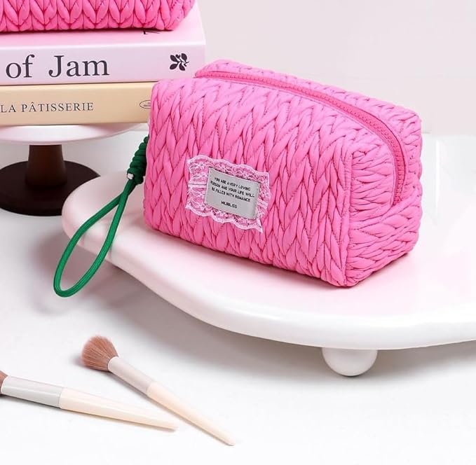 DOB SECHS Small Puffer Makeup Bag Quilted Cosmetic Bag Clutch with Wristlet, Cute Makeup Pouch for Purse, Cotton Woven Puffy Toiletry Bag for Women, Mini Travel Essentials Organized Pouches, Hot Pink