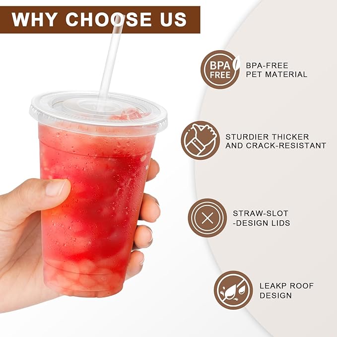 Lamosi 100 Pack 16 OZ Clear Plastic Cups with Lids and Straws, Disposable Iced Coffee Cups with Lids for To-Go Cold Drinks, Smoothies and Slushie