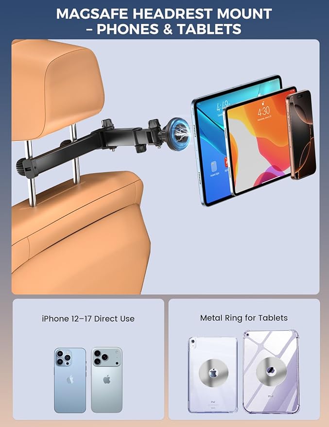 OHLPRO Magnetic Headrest Car Tablet Mount with Foldable Telescopic Arm for iPad Car Holder Back Seat Road Trip Essentials for Kids, Fit for Magsafe Phone iPad Galaxy Tab Tablet Kindle Surface Fire HD