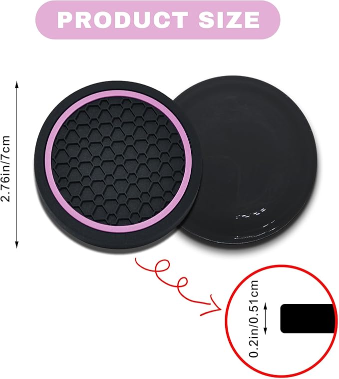 4PCS Car Cup Holder Coasters, 2.75 Inch Non-Slip Insert Cup Holder Pad, Dustproof Automotive Interior Accessories Mat, Universal for Trucks, Vehicles, RVs and More (Black/Pink)