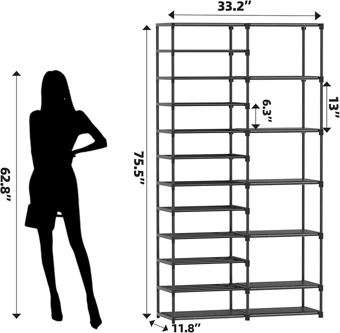 12 Tier Shoe Rack Tall, Shoe Rack Organizer, Large Capacity Holds 34-50 Pairs, Boot Rack Organizer for Entryway, Closet, Garage, Black