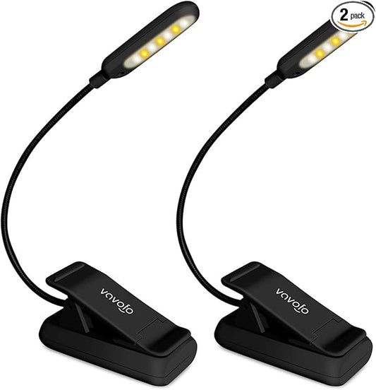 VAVOFO Clip On Rechargeable Reading Light, 7 LEDs with 3 Colortemperature 9 Brightness Levels Book Lights for Reading in Bed with Power Indicator for Bookworms (2 Pack Black)