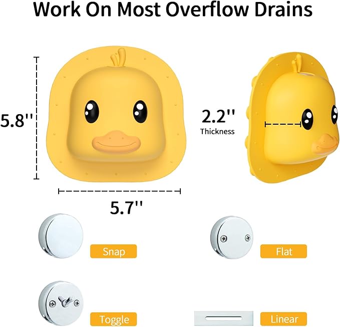 Bathtub Overflow Drain Cover - Silicone Bath Tub Drain Cover, Tub Overflow Drain Stopper with Suction Cups, Duck Overflow Cover Adds Inches of Water for Deeper Bath, Bathroom Spa Relaxing Accessory