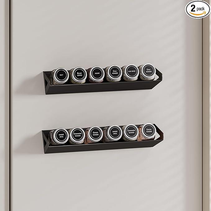 2 Pack Magnetic Spice Rack for Refrigerator,Black Fridge Kitchen Organizer and Storage Shelf,Tilted Magnetic Shelf Fridge Organizer for Easy to access