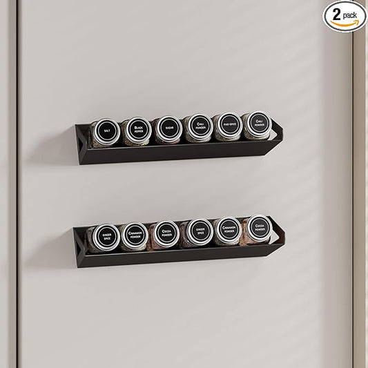 2 Pack Magnetic Spice Rack for Refrigerator,Black Fridge Kitchen Organizer and Storage Shelf,Tilted Magnetic Shelf Fridge Organizer for Easy to access