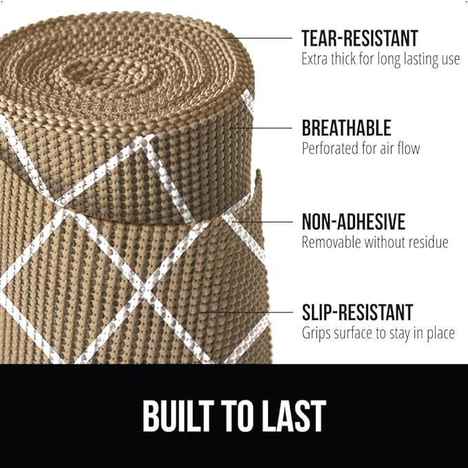 GORILLA GRIP powerGRIP Drawer Shelf and Cabinet Liner, Thick Strong Hold, Non-Adhesive Liners Protect Kitchen Cabinets and Cupboard, Bathroom Drawers, Easy Install, Breathable Mat, 20" x20', Beige