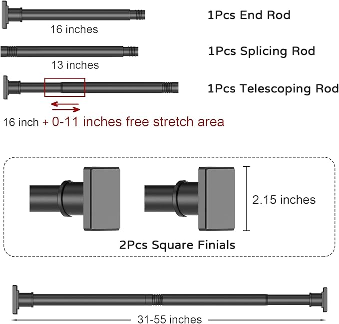 UIOSANRT Tension Shower Curtain Rod 31-55 Inches Non-Slip Shower Rod Tension Mounted No Drill Black Shower Curtain Rods Spring Tension Rod Adjustable Tension Curtain Rod for Windows Bathroom