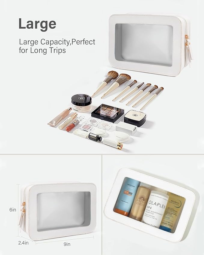Clear Makeup Bag, Travel Cosmetic Case Toiletry Bag Make up Organizer Skincare Pouch for Women, Car Essentials Bag with Clear Windows (White, Standard)
