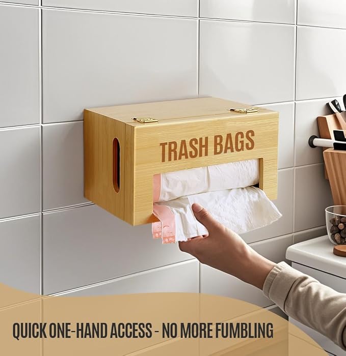 Libreshine Bamboo Garbage Bag Holder, Multi-Mount Space-Saving Trash Bag Organizer for Kitchen, Pantry, Holds 8-33 Gallon Rolls & 50+ Grocery Bags, Under-Sink/Wall-Mounted/Cabinet Storage