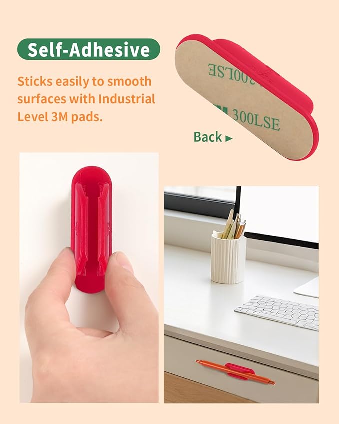 Adhesive Pencil Holders for Desk Set of 10 - Silicone Pen Holder with 15 PCS Upgraded Adhesive Pads - Flexible Pencil Holder for Walls Clipboards, Office Essentials Accessories Teacher Supplies