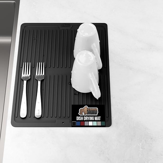 GORILLA GRIP 100% BPA-Free Patented Silicone Dish Drying Mat for Kitchen Counter, Water Catching Ribbed Design, Easy Clean Waterproof Sink Liner, Heat Resistant, Fits Under Rack, 11x13 Inch, Black