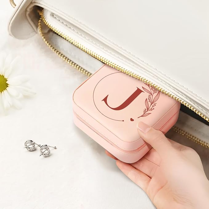 SANDJEST Personalized Jewelry Box, Pink Small Travel Jewelry Box with Initial J, Monogrammed Jewelry Case Organizer for Girls Women Teen, Mini Travel Essentials Gifts for Christmas Birthday
