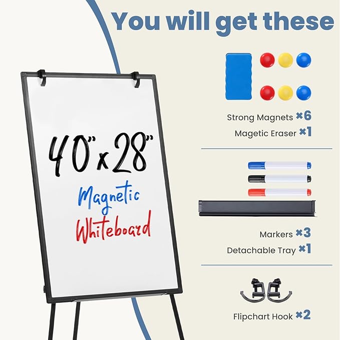 DUMOS Whiteboard Easel 40 x 28 Inches, Magnetic White Board Dry Erase, Porbable Boards Height Adjustable, Dry Erase Board with Stand for School, Office and Home, Silver Aluminium Frame, Black