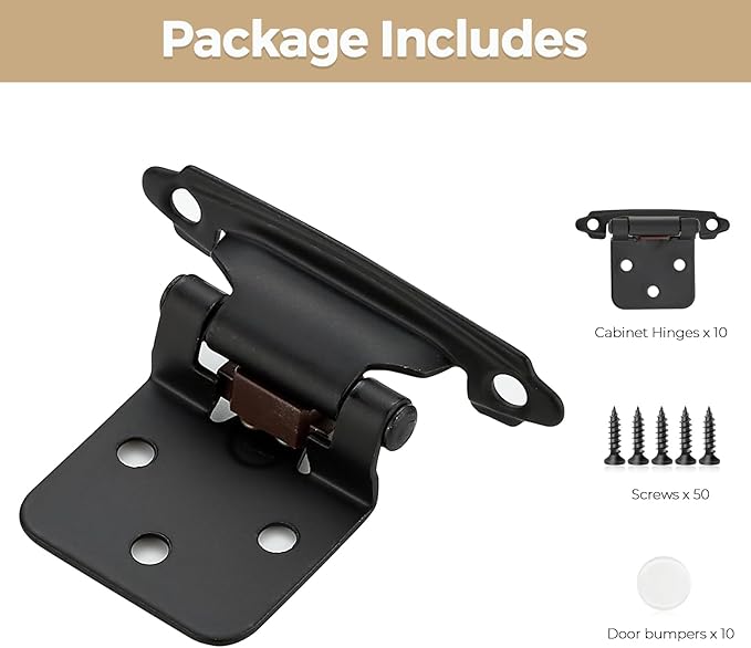 10 Pack 5 Pair Black Cabinet Hinges - 1/2 inch Overlay Kitchen Cabinet Hinges, Semi-Concealed Hinges, Self Closing Cabinet Door Hinges with Door Bumper, Black Face Mount Cabinet Hardware