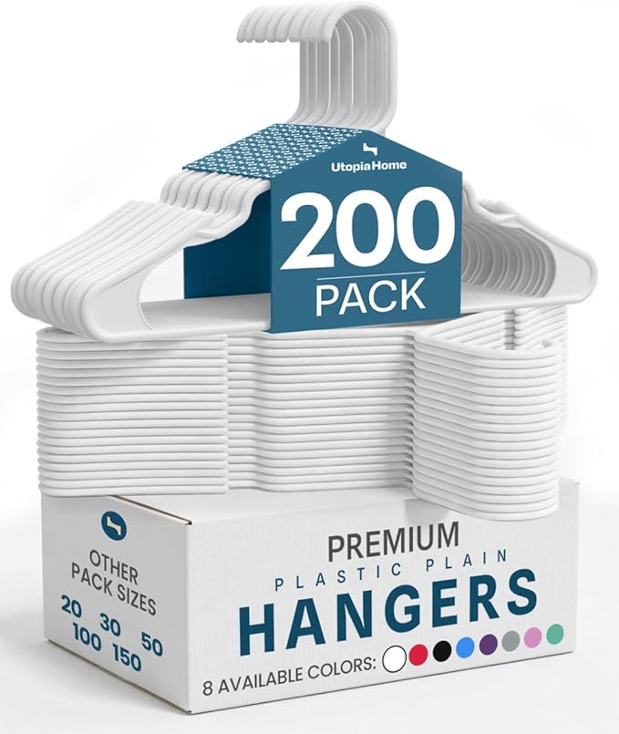 Utopia Home Plastic Hangers 200 Pack - Perfect Space Saving Clothes Hanger - Durable and Strong - Perfect Closet Organizers with Shoulder Grooves (White)