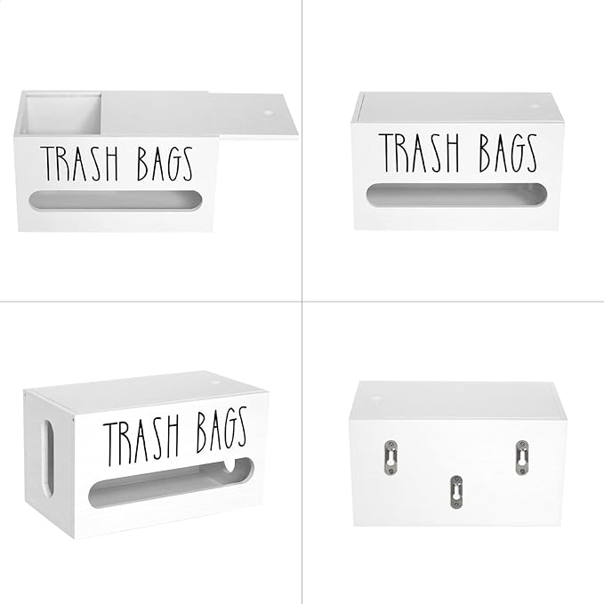Trash Bag Dispenser, Double Wall Mounted, Wood Trash Bag Holder, used in kitchen, garage, laundry room, can store environmentally friendly food bags and garbage bags (White/Small)