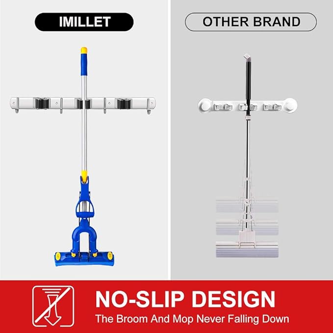 IMILLET Broom Holder Wall Mounted, Stainless Steel Broom and Mop Holder Self Adhesive Broom Organizer Heavy Duty Hooks Storage Organizer for Home Laundry Room Garden Garage Closet Kitchen (1 Pack)
