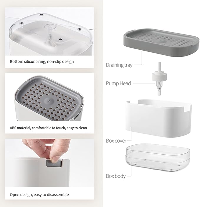 RUFCRIL Soap Pump Dispenser and Sponge Holder, 10oz / 300ml Dish Soap Dispenser for Kitchen,White