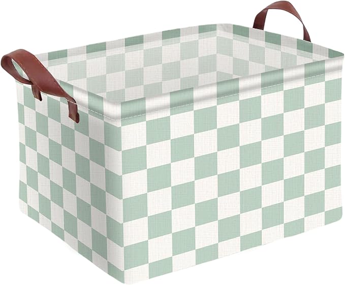 Cyan Checkered Basket Waterproof Canvas Toy Storage Bin Checkered Room Decor Collapsible Outdoor Basket with Leather Handles Cyan Decor Blanket Baskets For Closets,Bedrooms,Gifts Baskets
