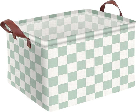 Cyan Checkered Basket Waterproof Canvas Toy Storage Bin Checkered Room Decor Collapsible Outdoor Basket with Leather Handles Cyan Decor Blanket Baskets For Closets,Bedrooms,Gifts Baskets