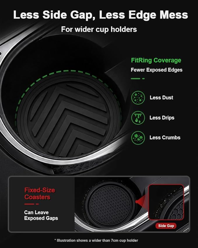 FitRing Adjustable Car Cup Holder Coasters, 2.75"–3.54" Adjustable Diameter, Silicone Coaster Upgrade Helps Reduce Side Gaps and Stay Put, 2-Pack