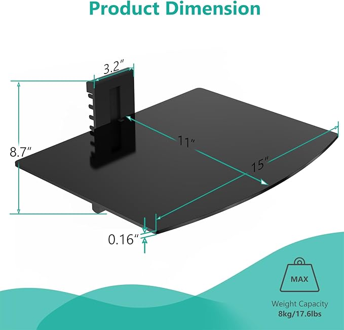 WALI Floating TV Shelf, 1 Tier Glass Projector Shelf for DVD Players, Routers, Game Consoles, Cable Boxes, Living Room Decor, Wall Mount Shelves Hold Up to 17.6lbs (CS201B), 1-Shelf, Black